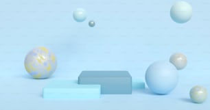 Un gruppo di sfere che fluttuano attorno a una superficie blu