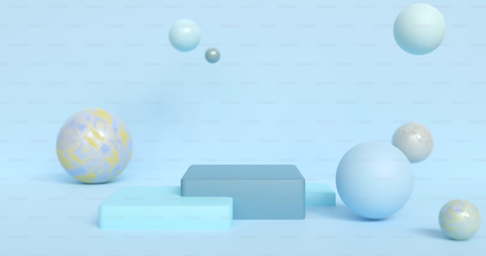 a group of balls floating around a blue surface