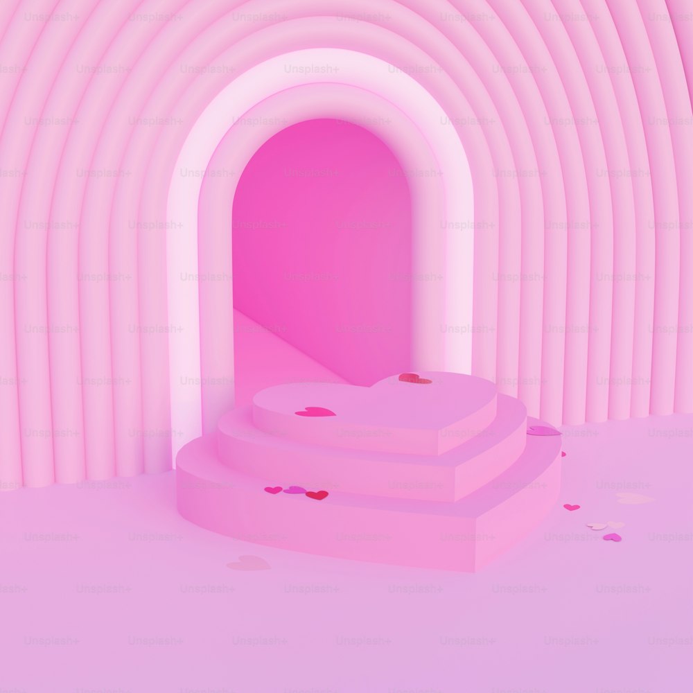 Eine Reihe von Stufen, die zu einem rosa Tunnel führen