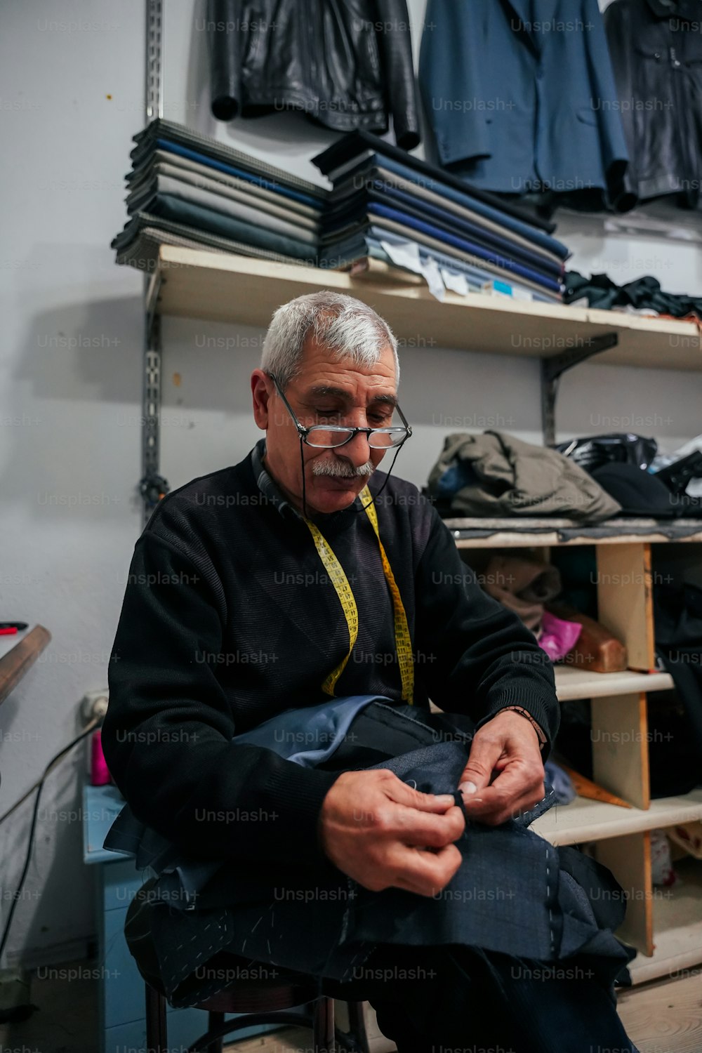 Un hombre sentado frente a un estante de ropa