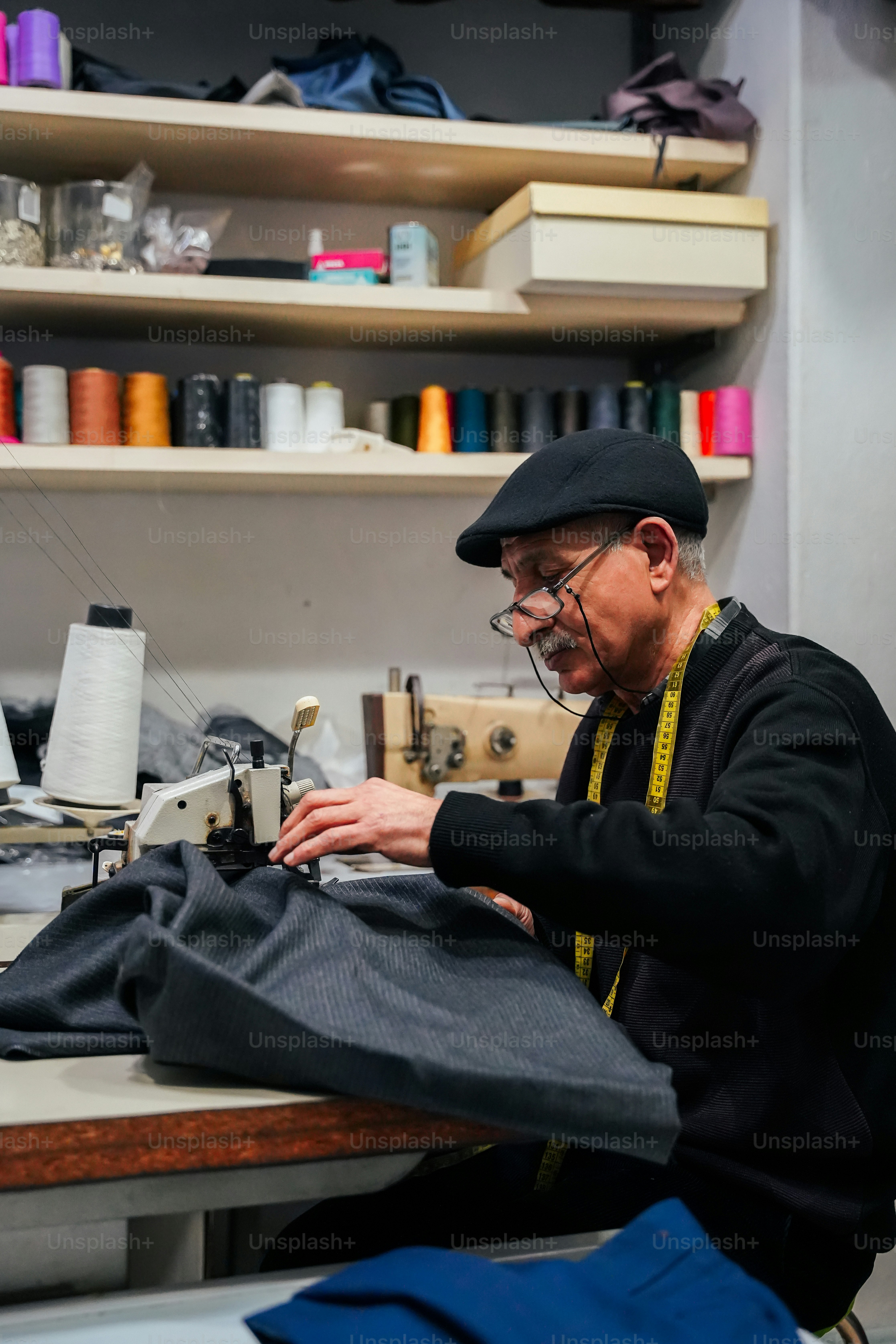 um homem está trabalhando em uma máquina de costura