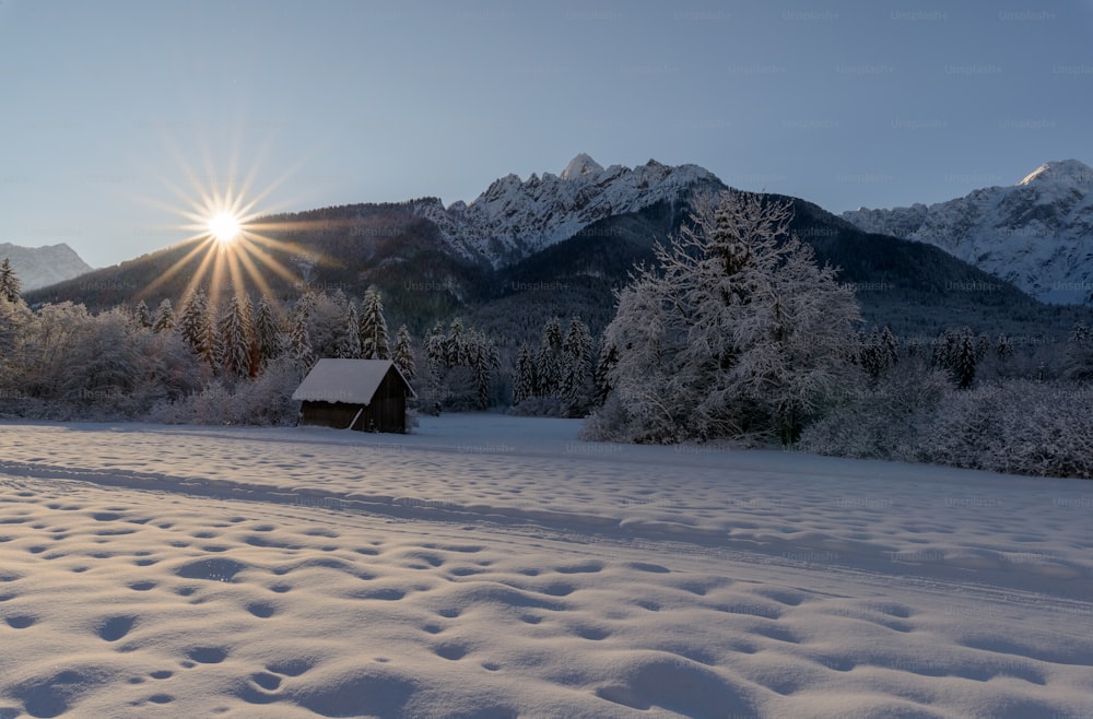 the sun shines brightly over a snowy landscape
