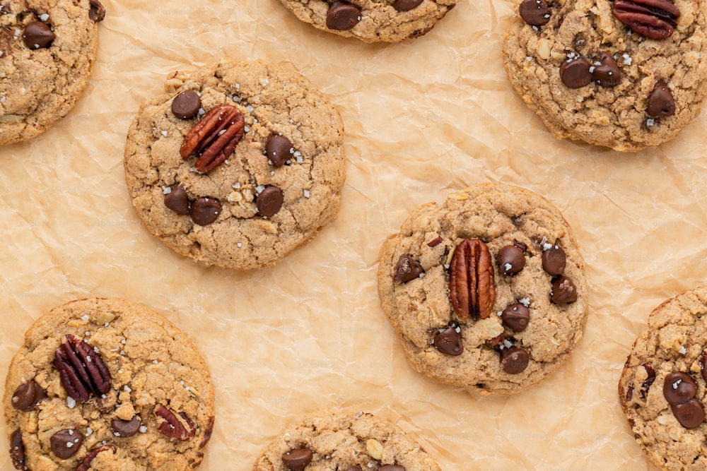 chocolate chip cookies with pecans and pecans on top