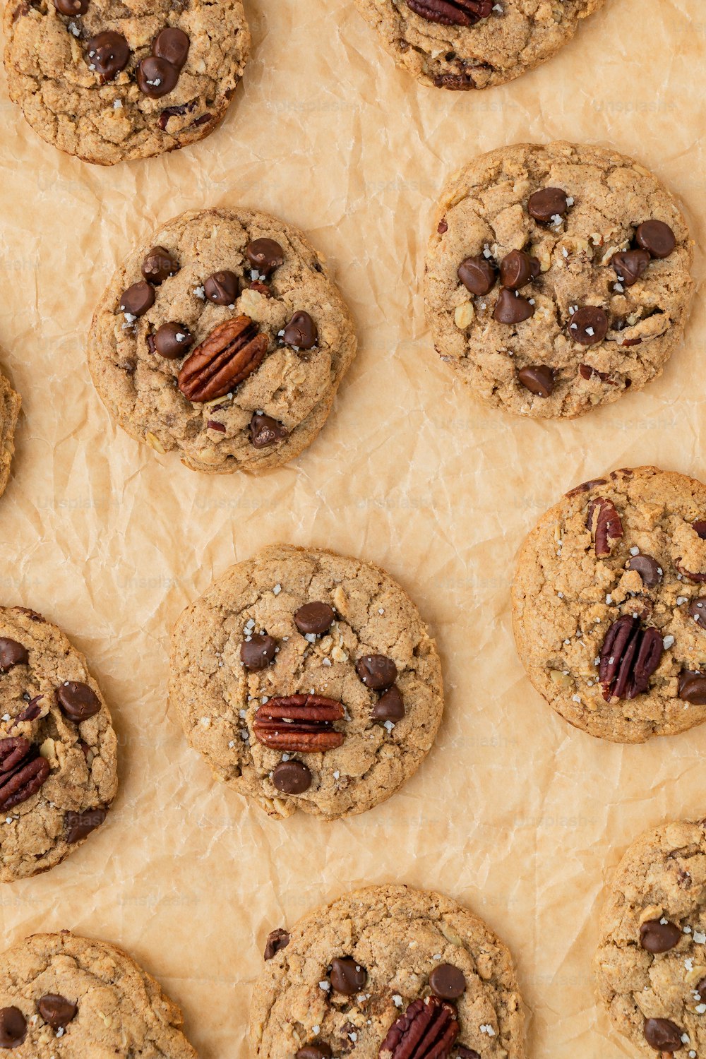 chocolate chip cookies with pecans and pecans in the middle