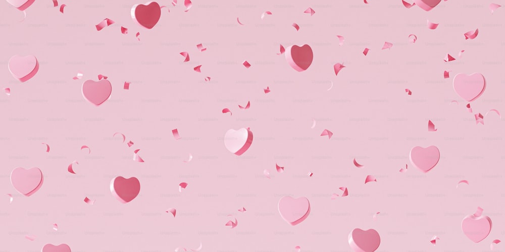 a bunch of pink hearts floating in the air