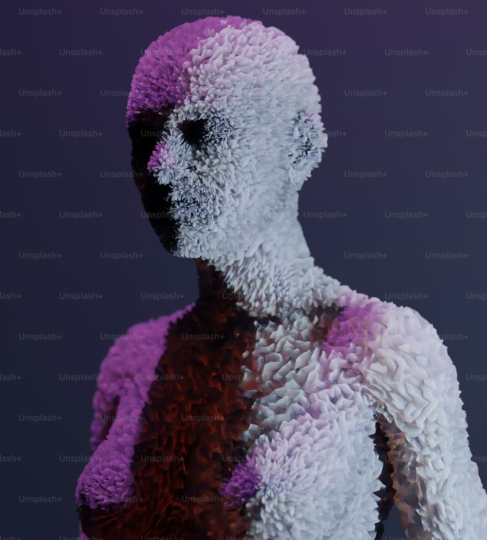 a white and purple sculpture of a man's torso