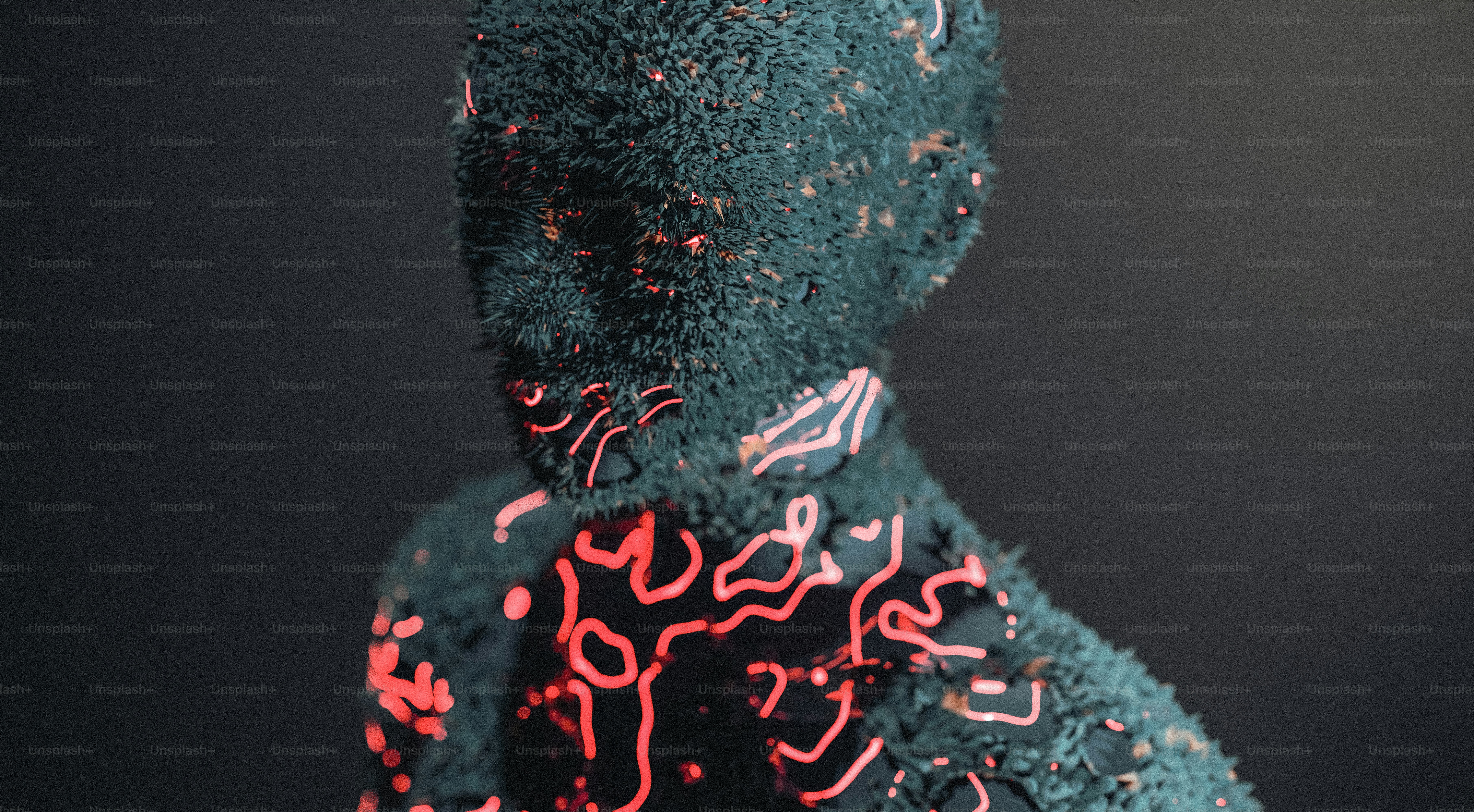 a man's necktie is covered in red and black letters