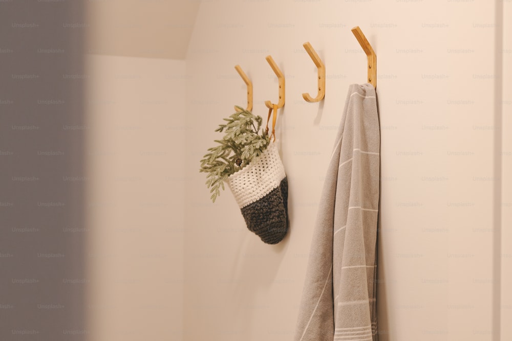 a coat rack with a potted plant next to it