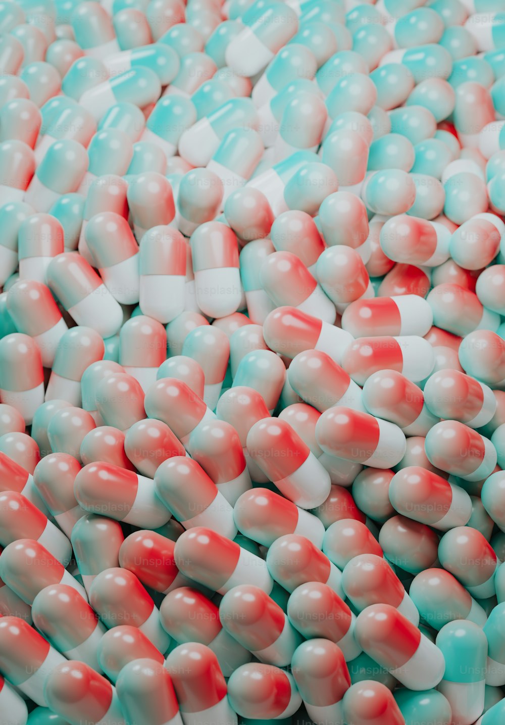 a large pile of pills with red, white, and blue pills