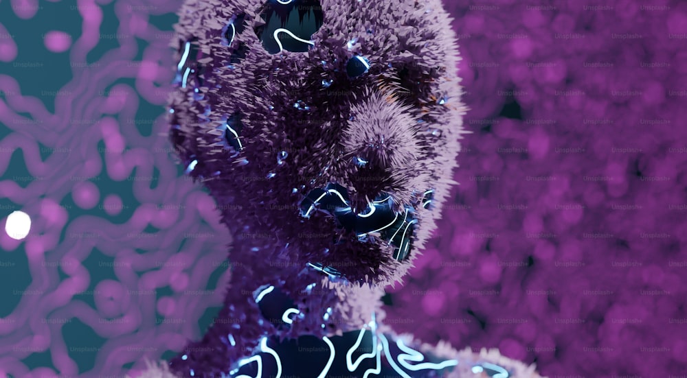 Un primer plano de un oso de peluche con un fondo púrpura