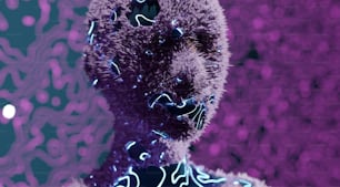 a close up of a teddy bear with a purple background