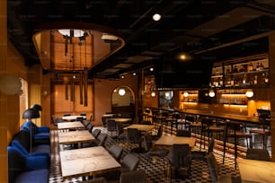 a restaurant with a checkered floor and tables