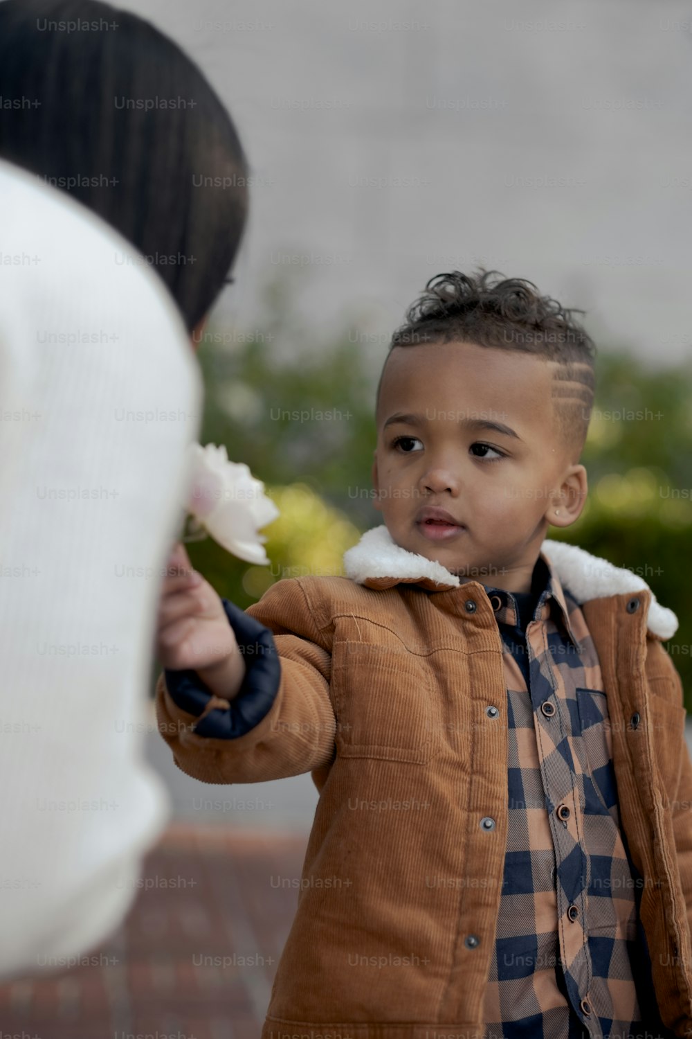 a little boy holding a flower in his hand