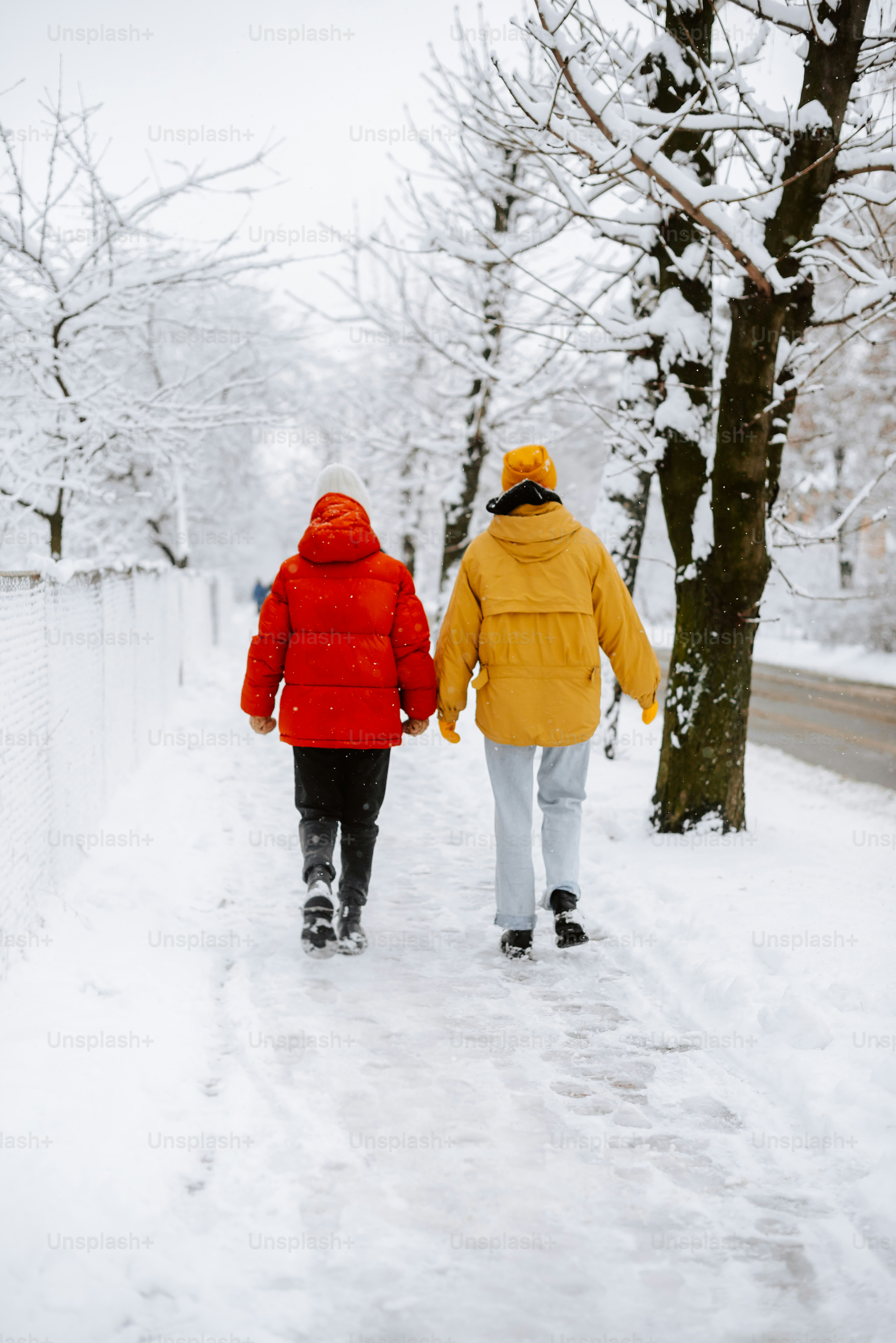a couple of people walking down a snow covered street
