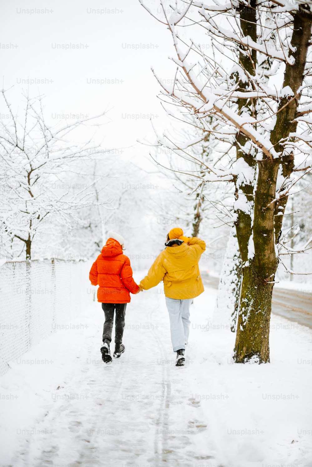 手をつないで雪の中を歩く二人