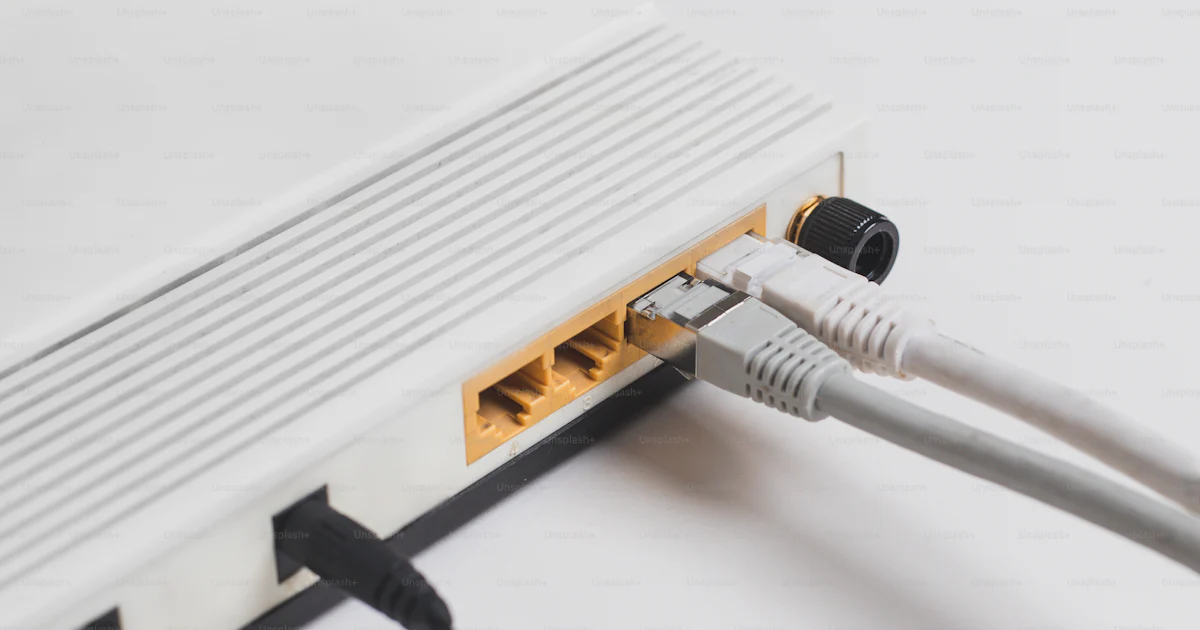 Router Power Lead A close up of a router connected to a power cord photo – Technology ...