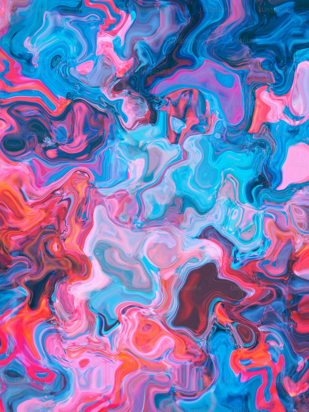 an abstract painting with blue, pink, and red colors