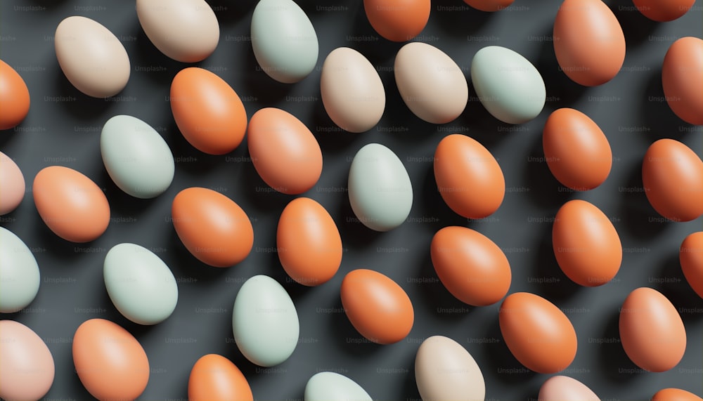 a bunch of eggs are arranged in rows