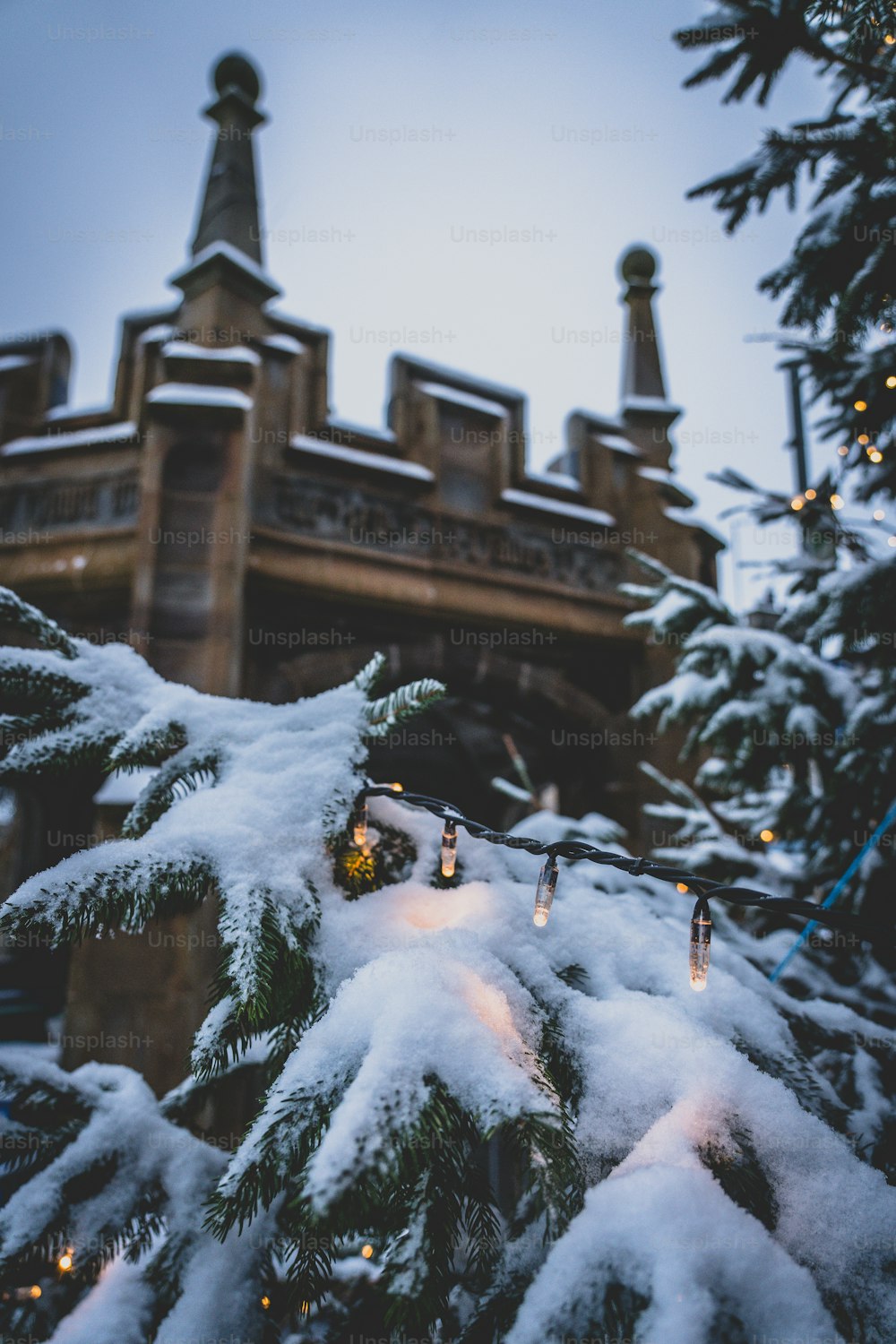 Un sapin de Noël recouvert de neige devant un bâtiment