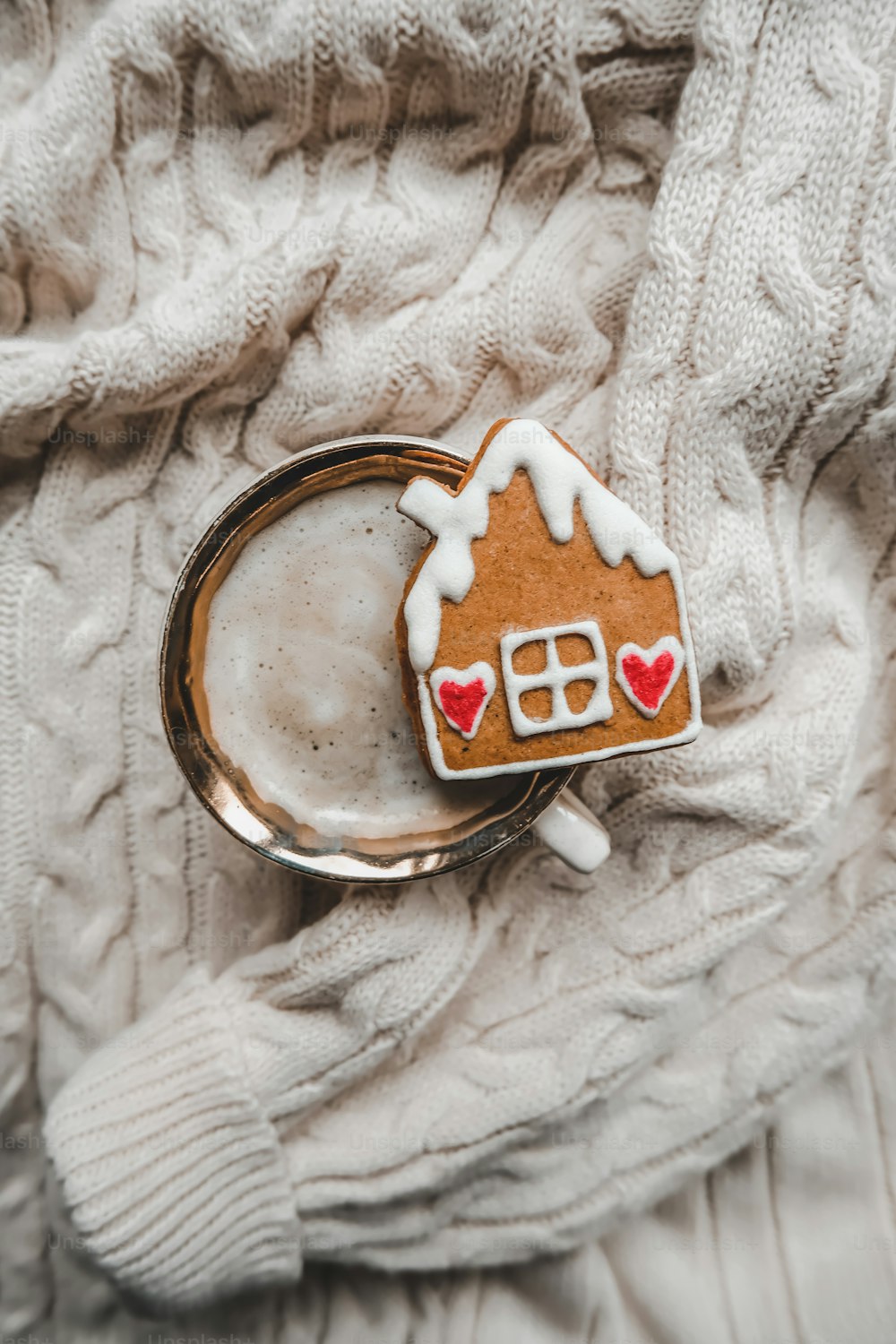 a cookie shaped like a house on top of a sweater