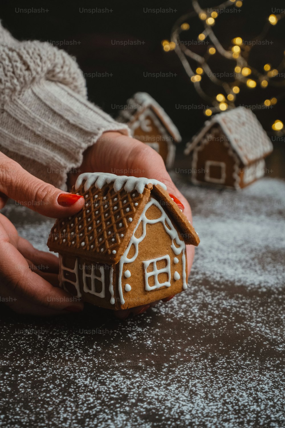 a person holding a gingerbread house in their hands