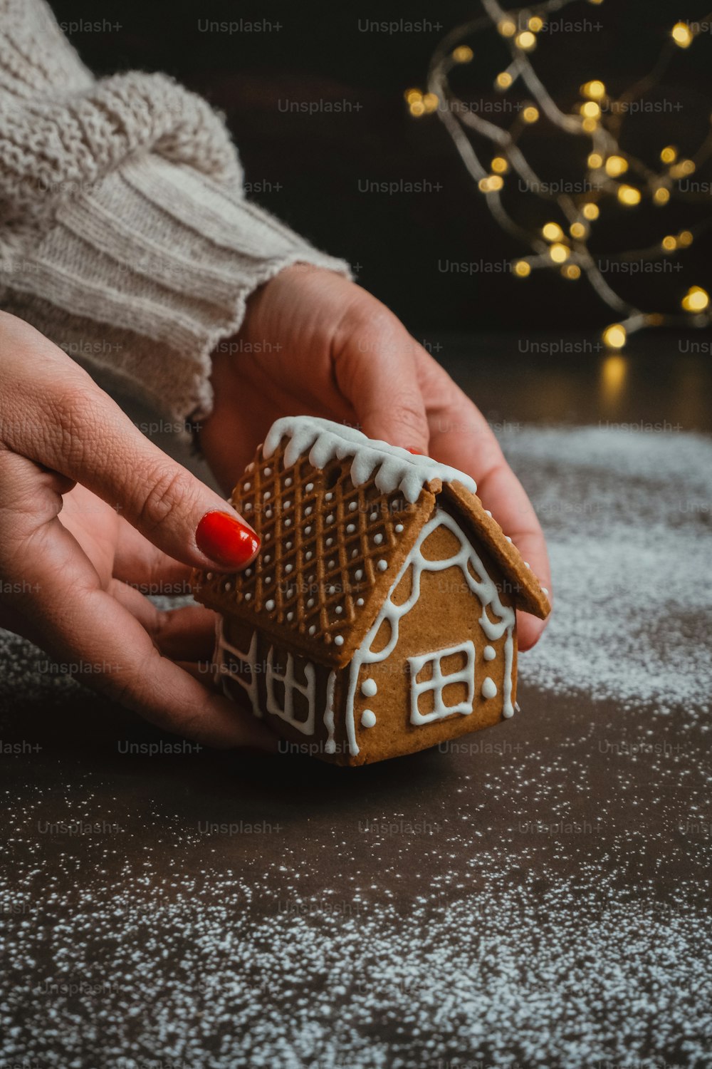 eine Person, die ein Lebkuchenhaus in den Händen hält