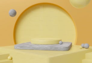 uma cama sentada em cima de uma plataforma amarela
