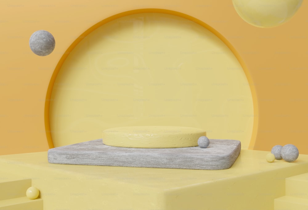 una cama sentada encima de una plataforma amarilla