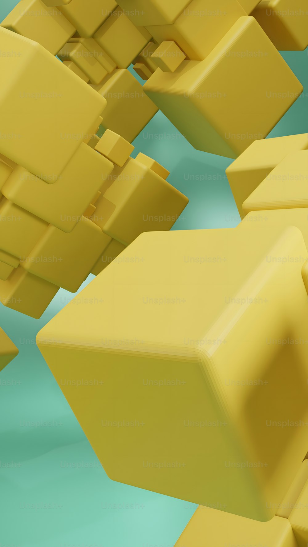 a bunch of yellow cubes floating in the air