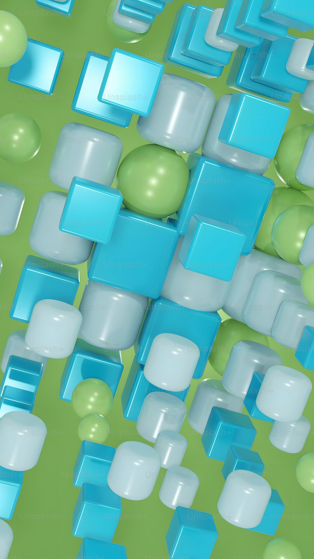 緑と青の抽象的背景に泡と立方体