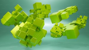 a group of green cubes flying through the air