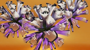 a bunch of purple and white flowers on a yellow background