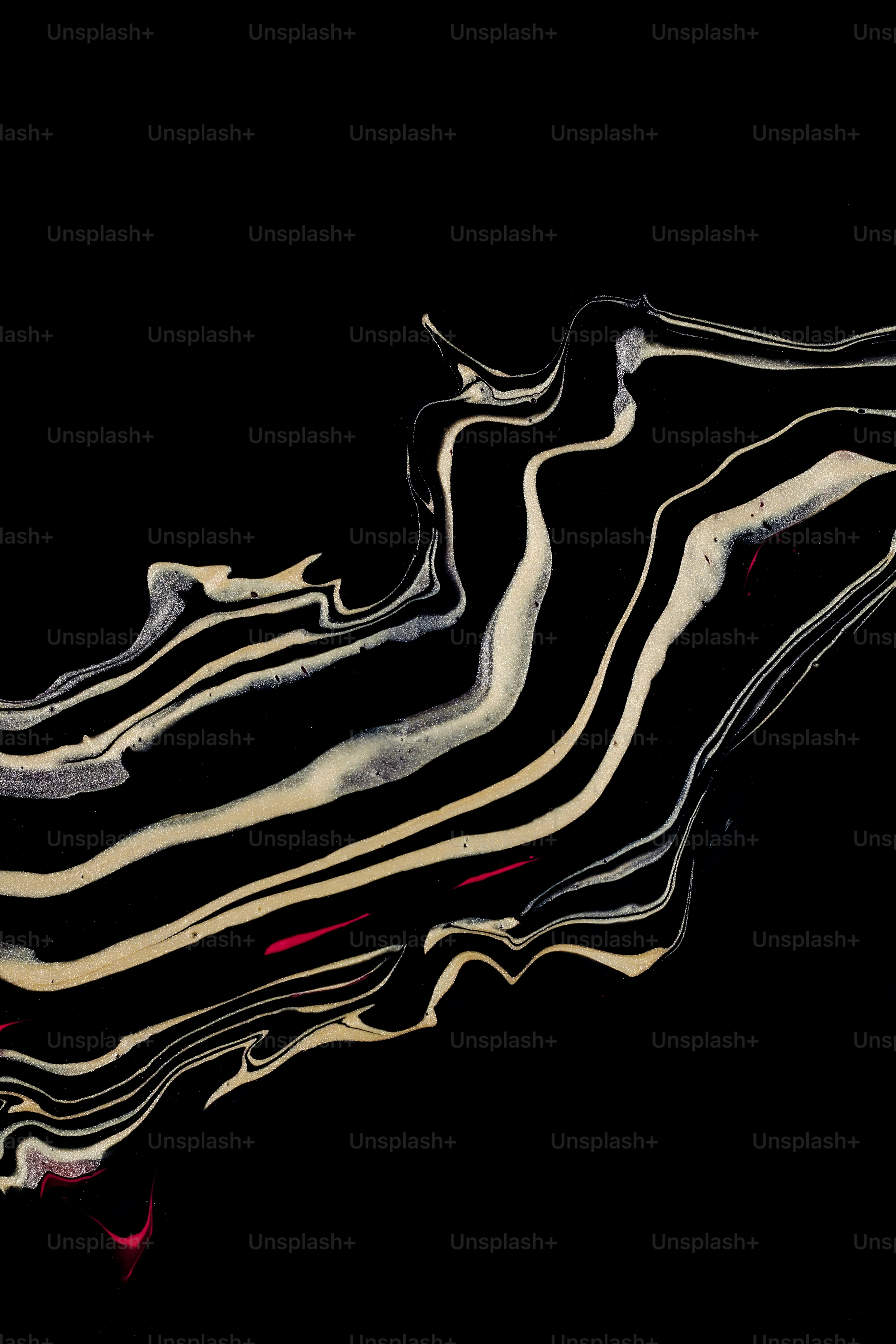 a black and white abstract painting with red accents