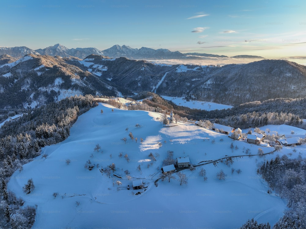 a view of a snowy mountain range from a high point of view