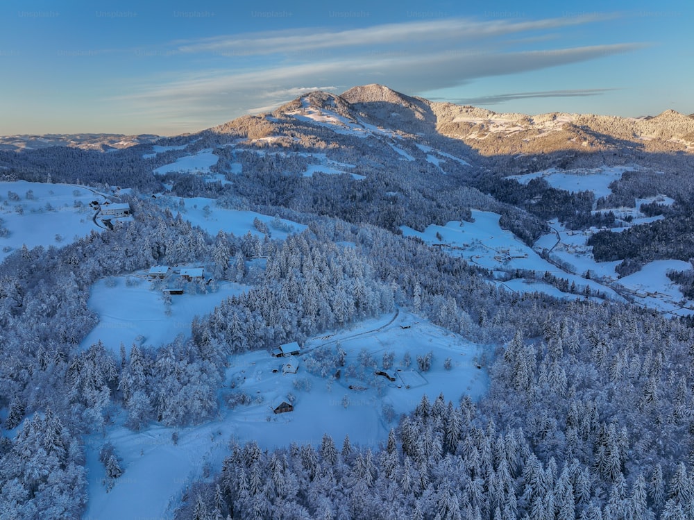 une vue d’une chaîne de montagnes enneigée depuis un hélicoptère