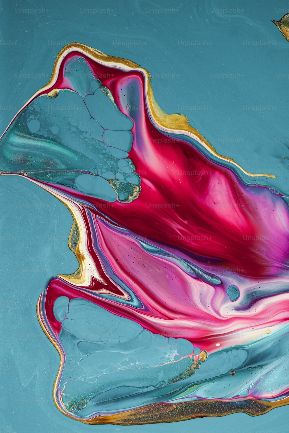 an abstract painting of blue, pink, and yellow