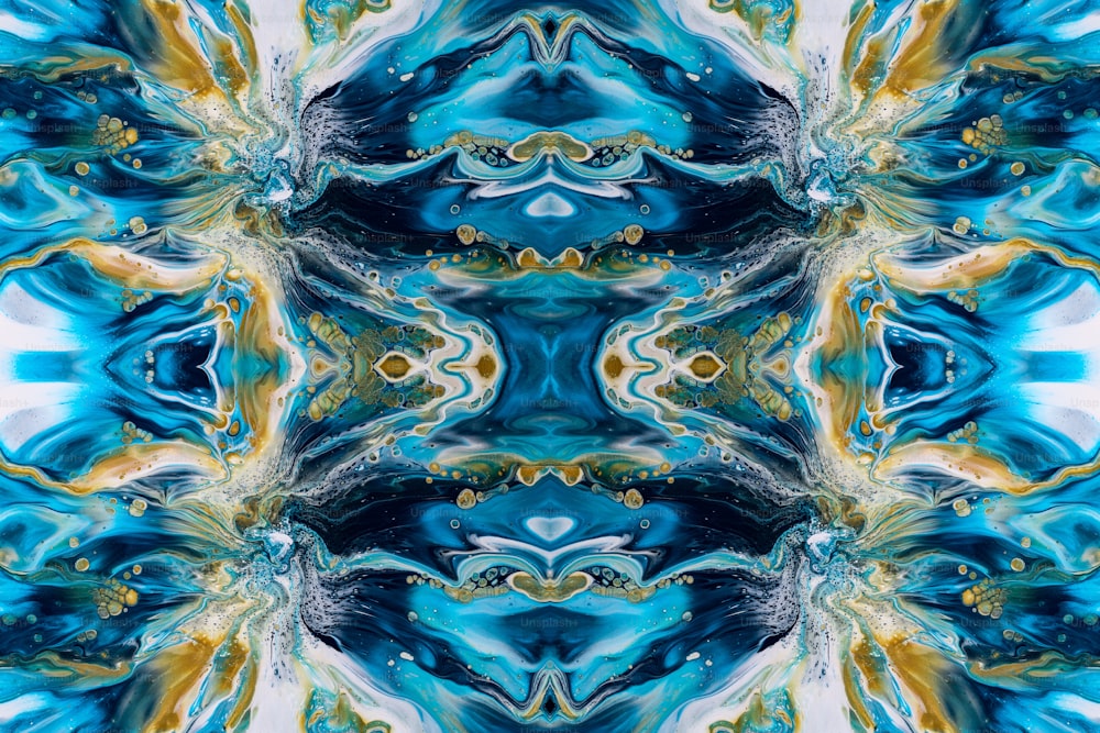 a blue, yellow and white abstract design