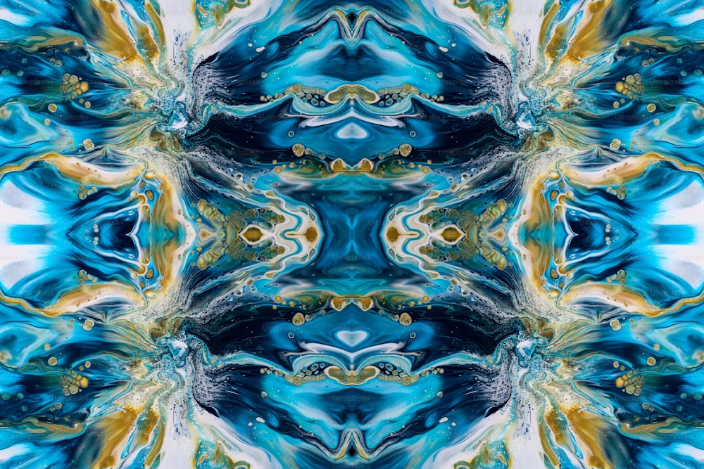 a blue, yellow and white abstract design