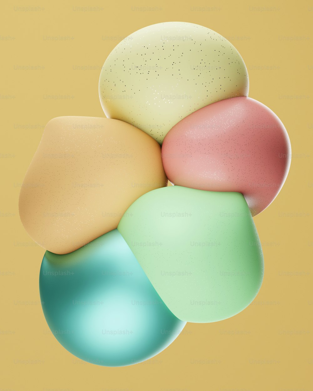 a bunch of different colored eggs on a yellow background