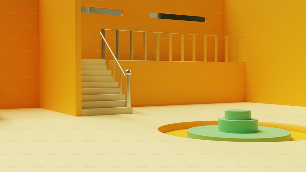 a yellow room with a staircase and a green cone