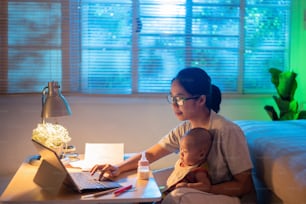 Asian mother and child Sitting and working at home at night