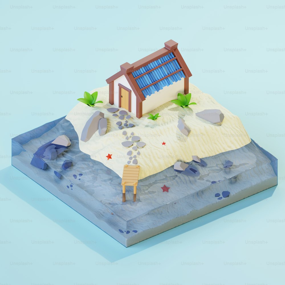 um modelo de papel de uma casa em uma pequena ilha