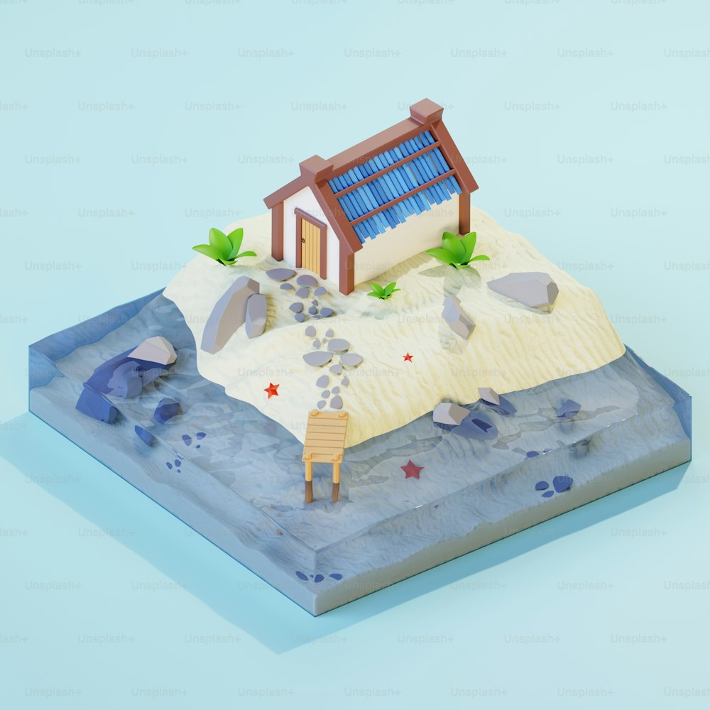 a paper model of a house on a small island