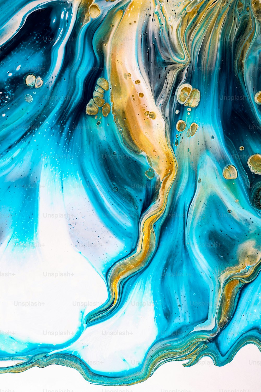 a painting of blue, yellow and white swirls