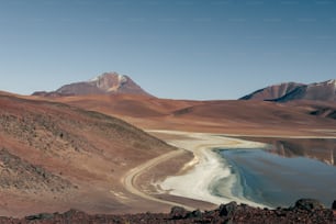 a mountain range with a body of water in the foreground