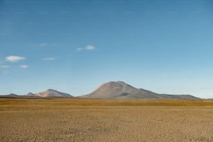 um grande campo aberto com uma montanha no fundo