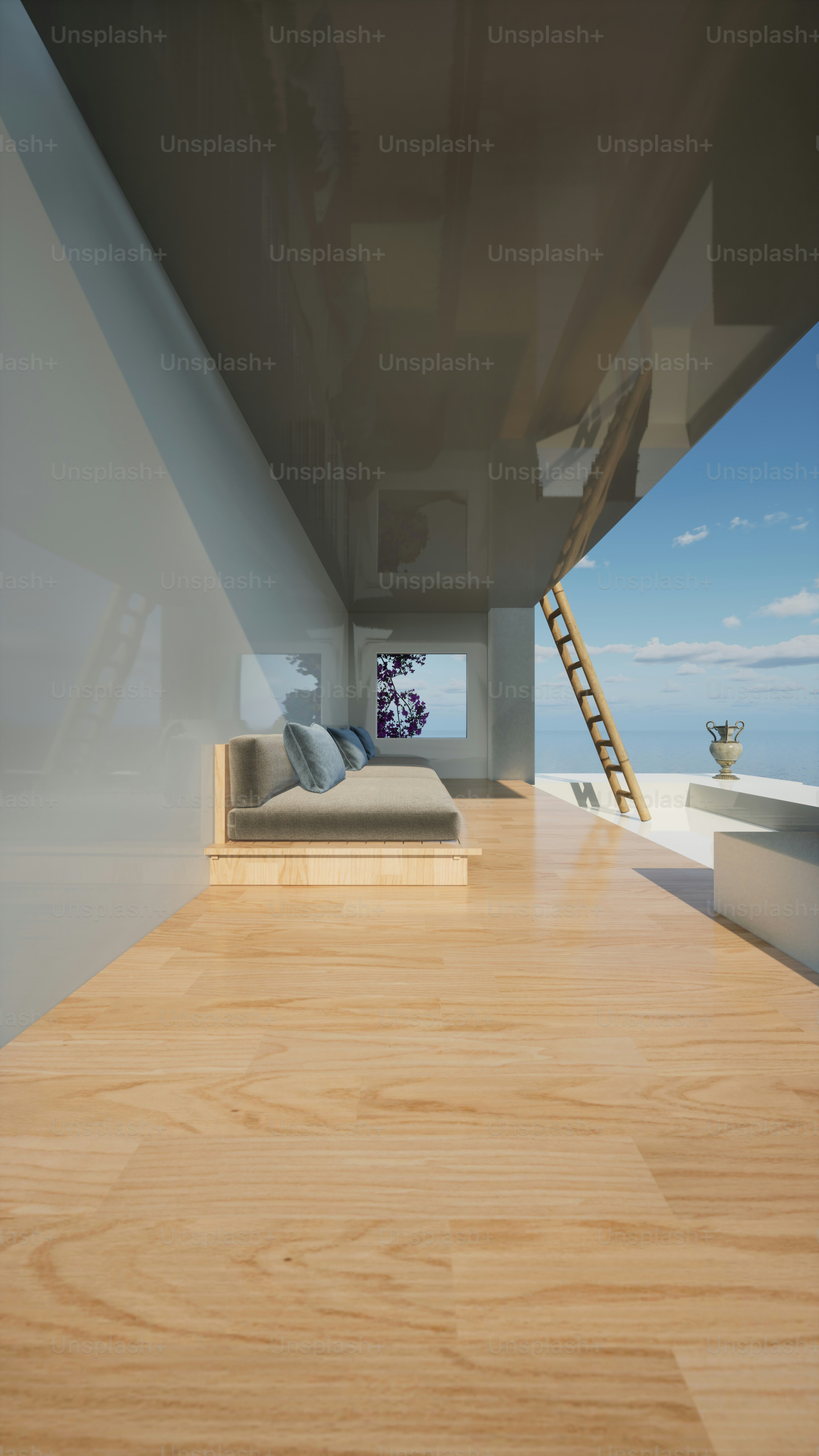 a living room with a couch and a ladder