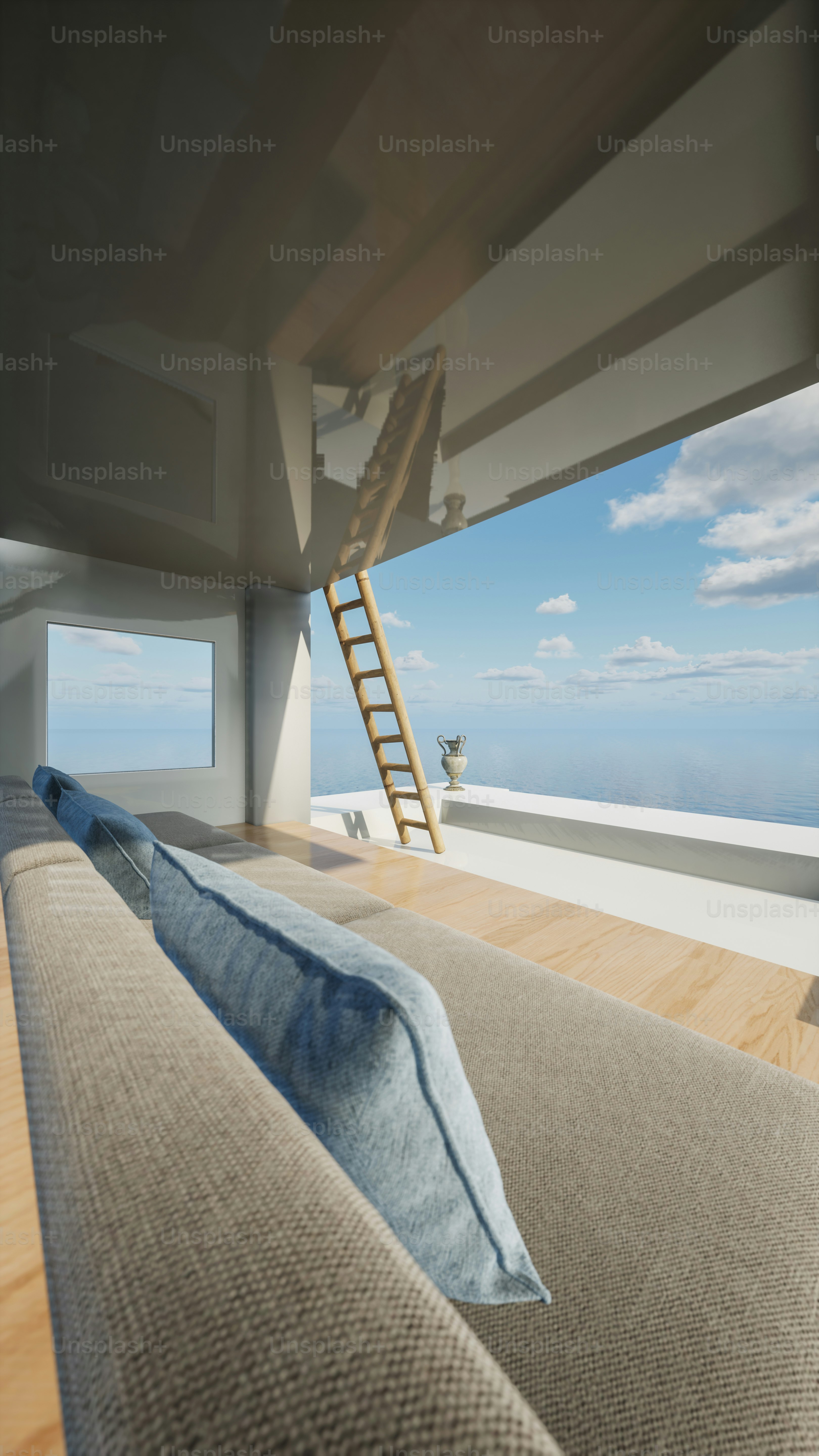 a living room with a couch and a ladder