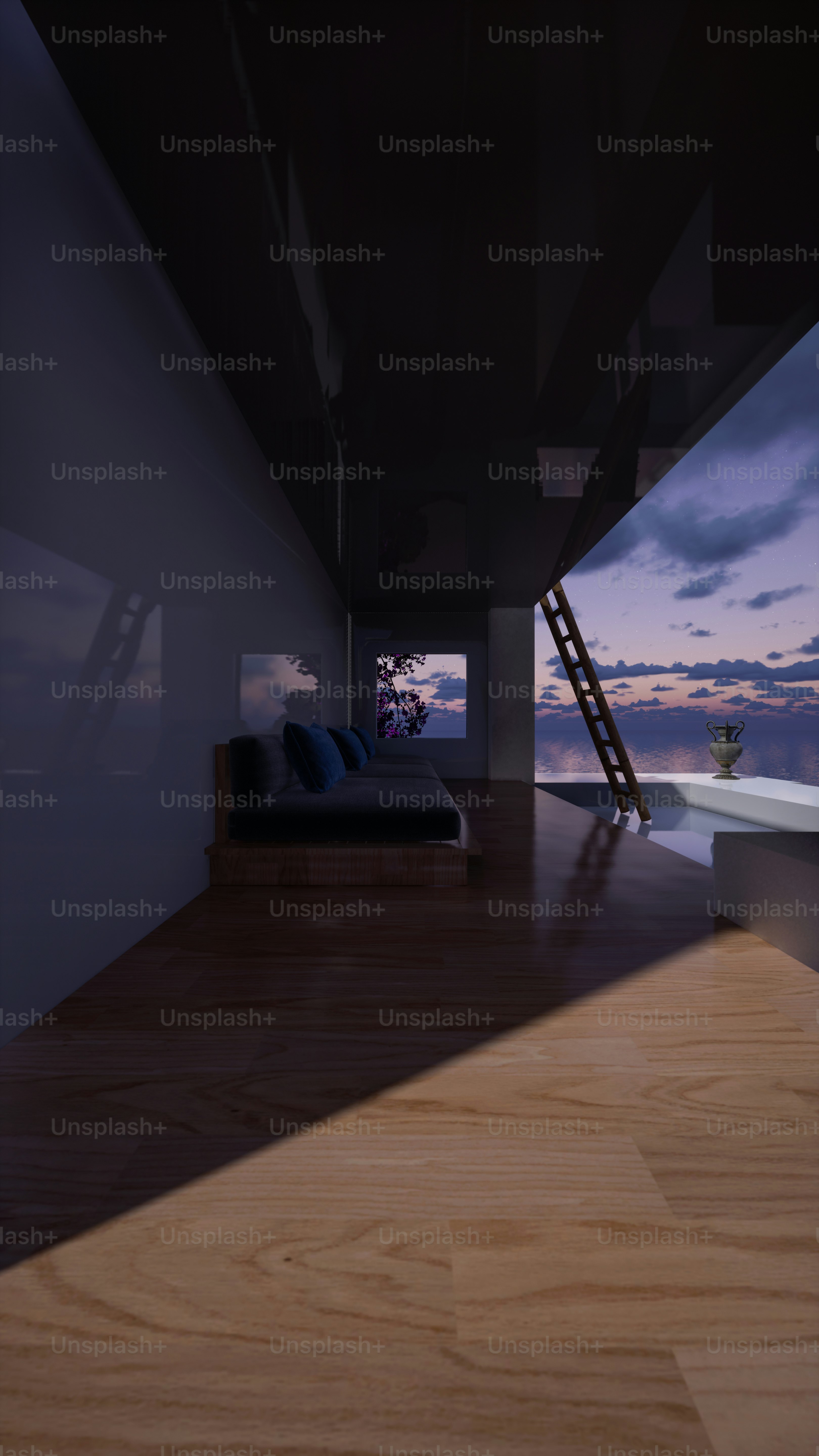 a room with a bed and a ladder in it