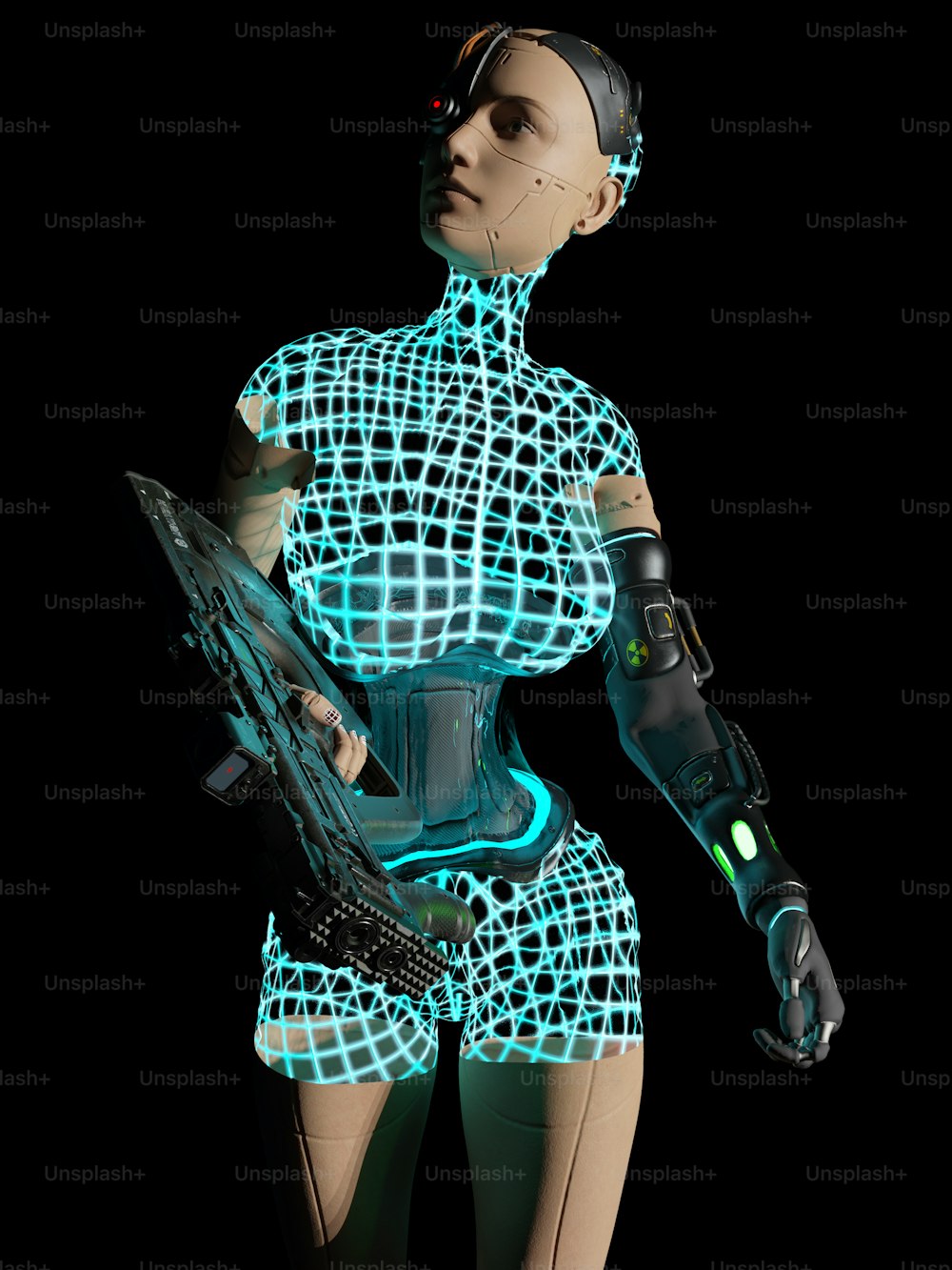 uma mulher em um terno futurista segurando um sci - fidget